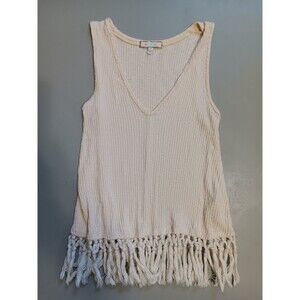 Eri + Ali Women's Fringed Tassel Tank Top Cream Size Medium V-Neck Sleeveless